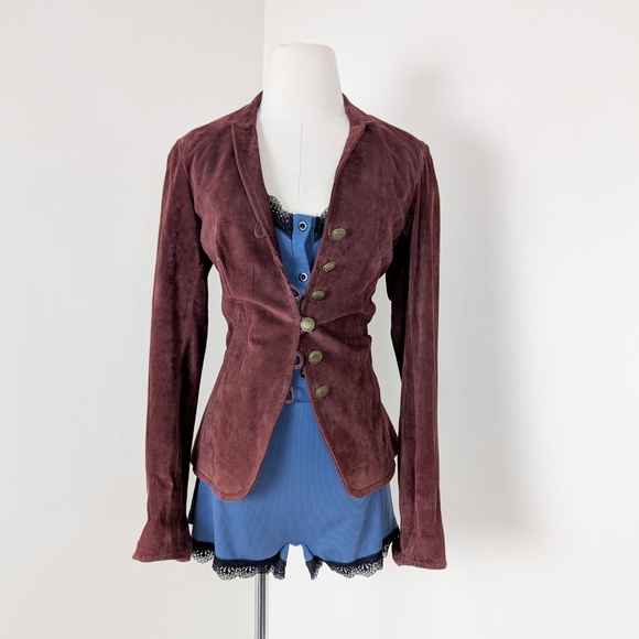 Danier Burgundy Leather Suede Jacket Bolero Steampunk Long Sleeve Blazer Maroon - Picture 2 of 11
